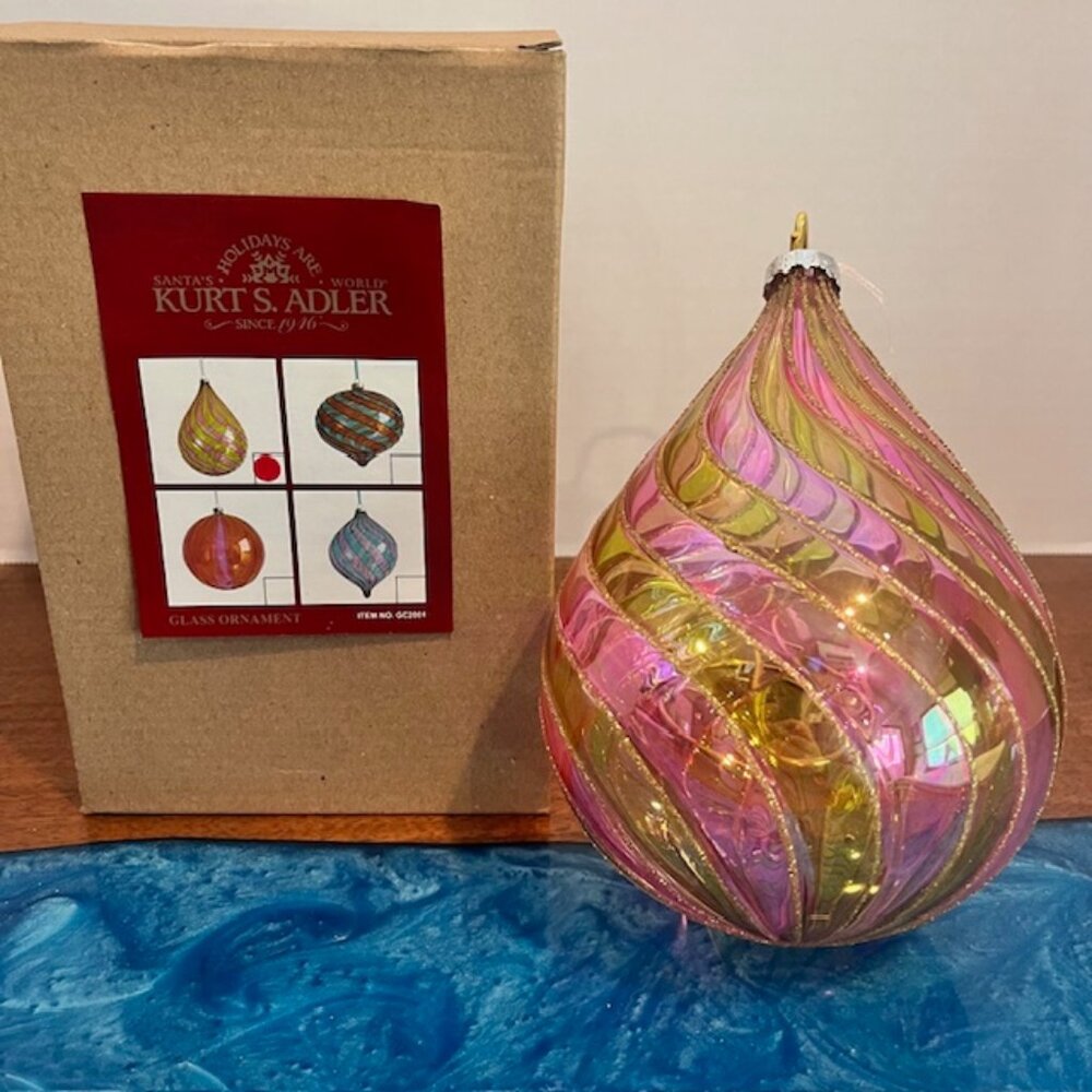 Kurt Adler 7" Green Pink Swirl Venetian Style Glass Ornament with Box